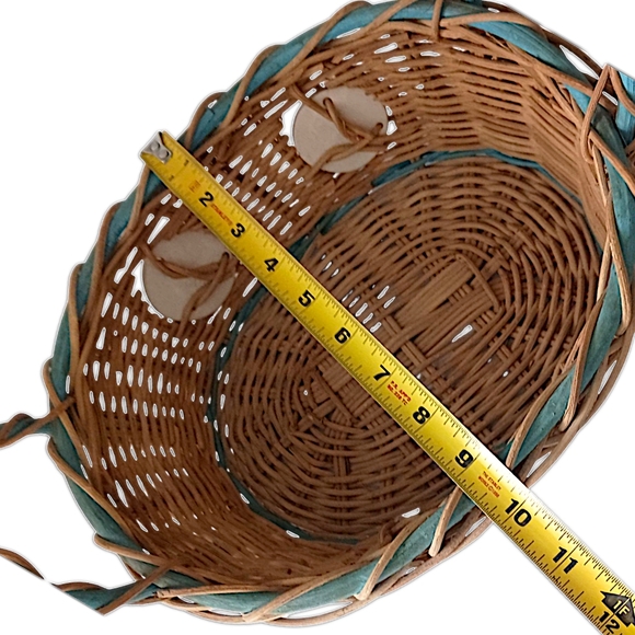 Wicker Basket Ceramic Insets Inlaid Beach Coastal Nautical Handles Bohemian Tan - Picture 3 of 16